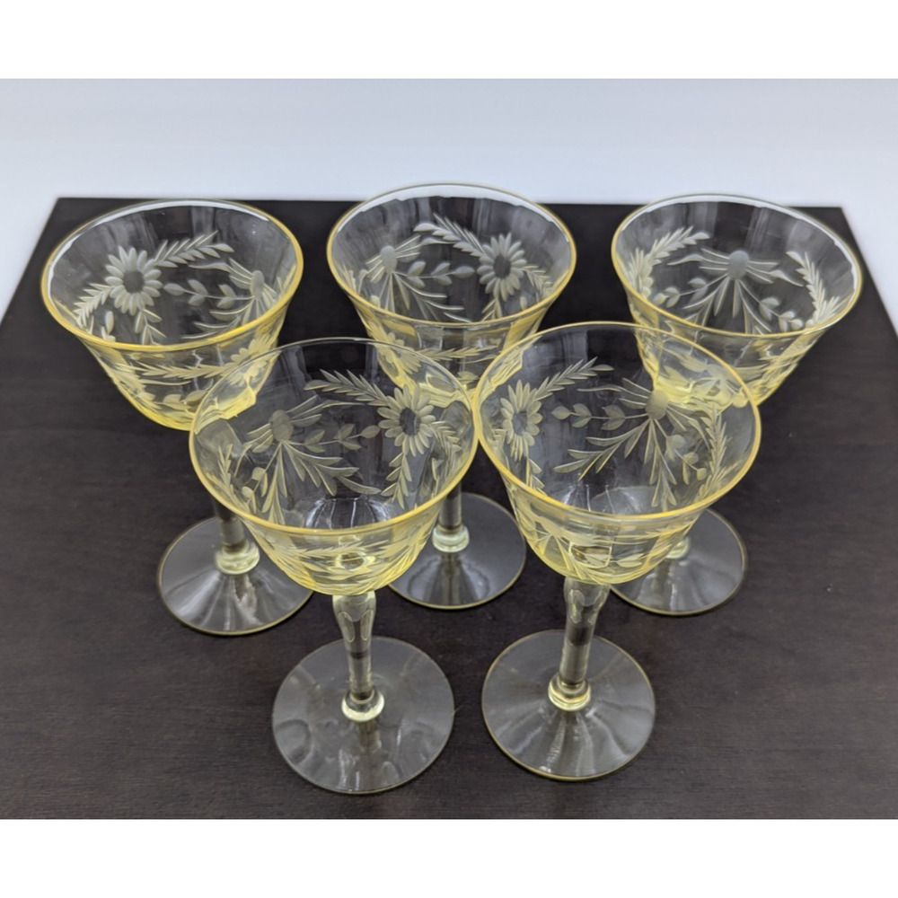 Vintage Liquor Cordials Yellow Etched Floral Sherry Wine Glasses Set of 5